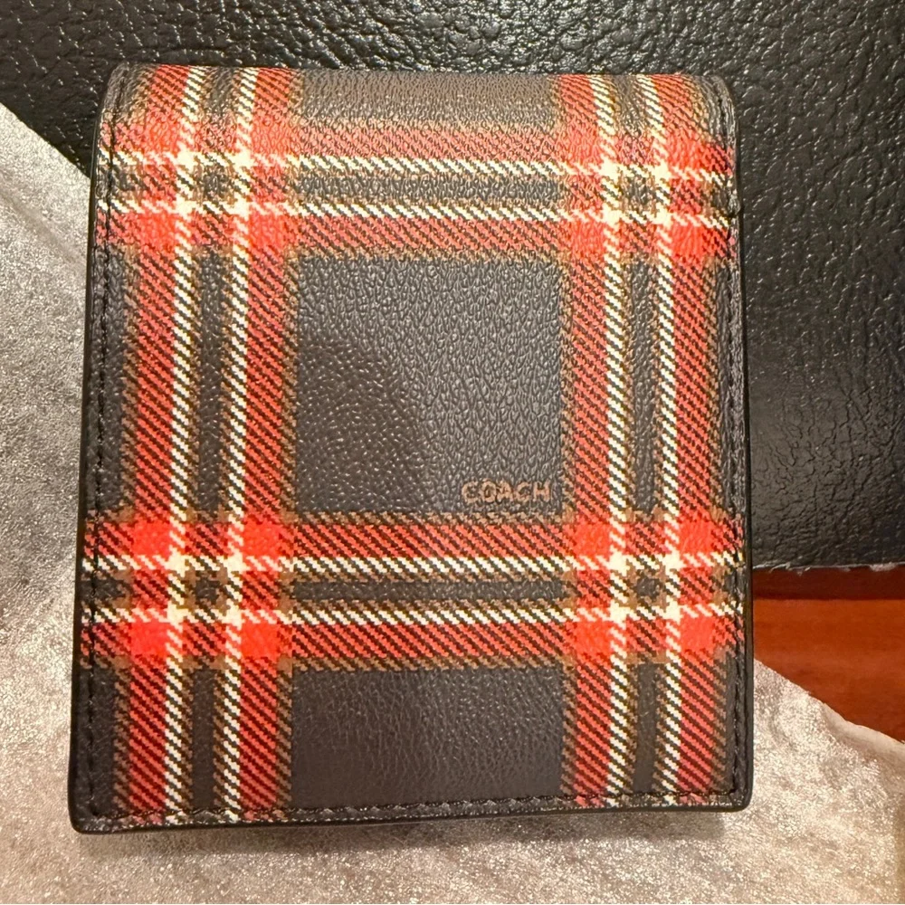 Coach Red and Black Plaid Leather Money Clip Wallet - Coach